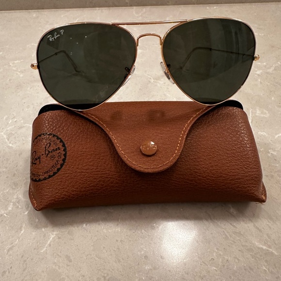 Ray-Ban Gold Frame Sunglasses with Dark Green Lenses and Brown Case